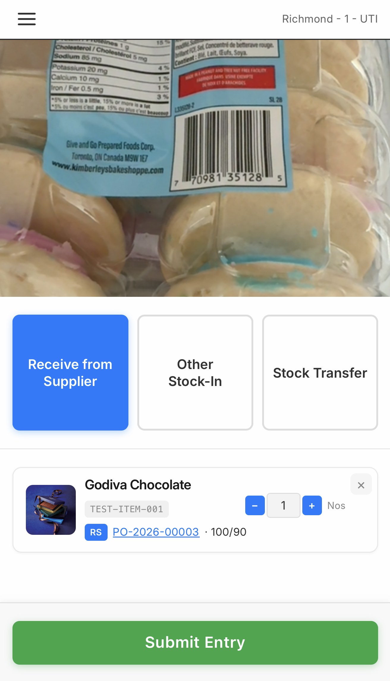 Express Stock Entry on a phone: receiving a supplier delivery against a purchase order by scanning the barcode.