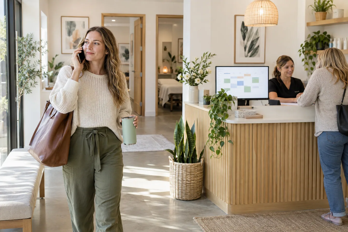 A customer makes a phone booking beside the reception desk of a bright wellness clinic.
