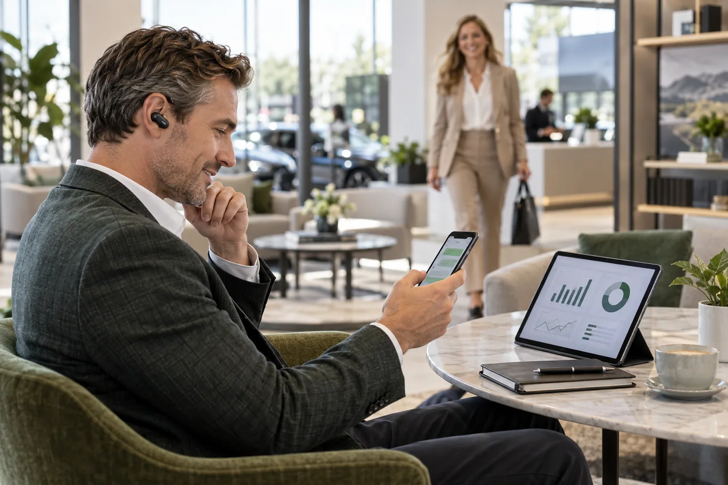 A business owner reviews a phone conversation and management dashboard before meeting a client.