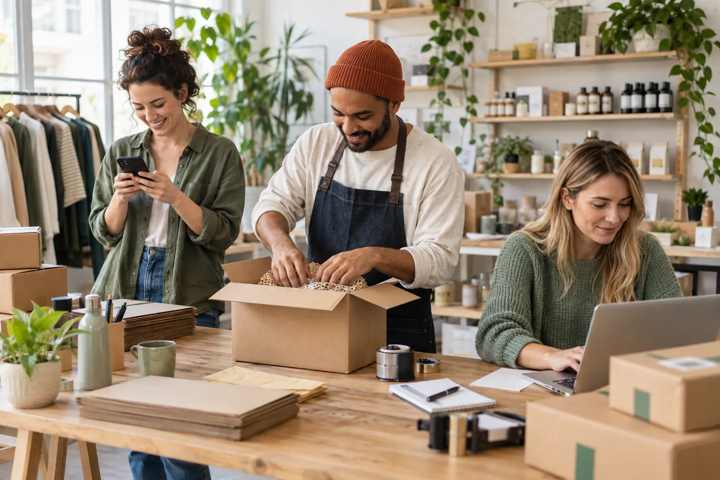 Three people process online orders in a bright independent retail studio.