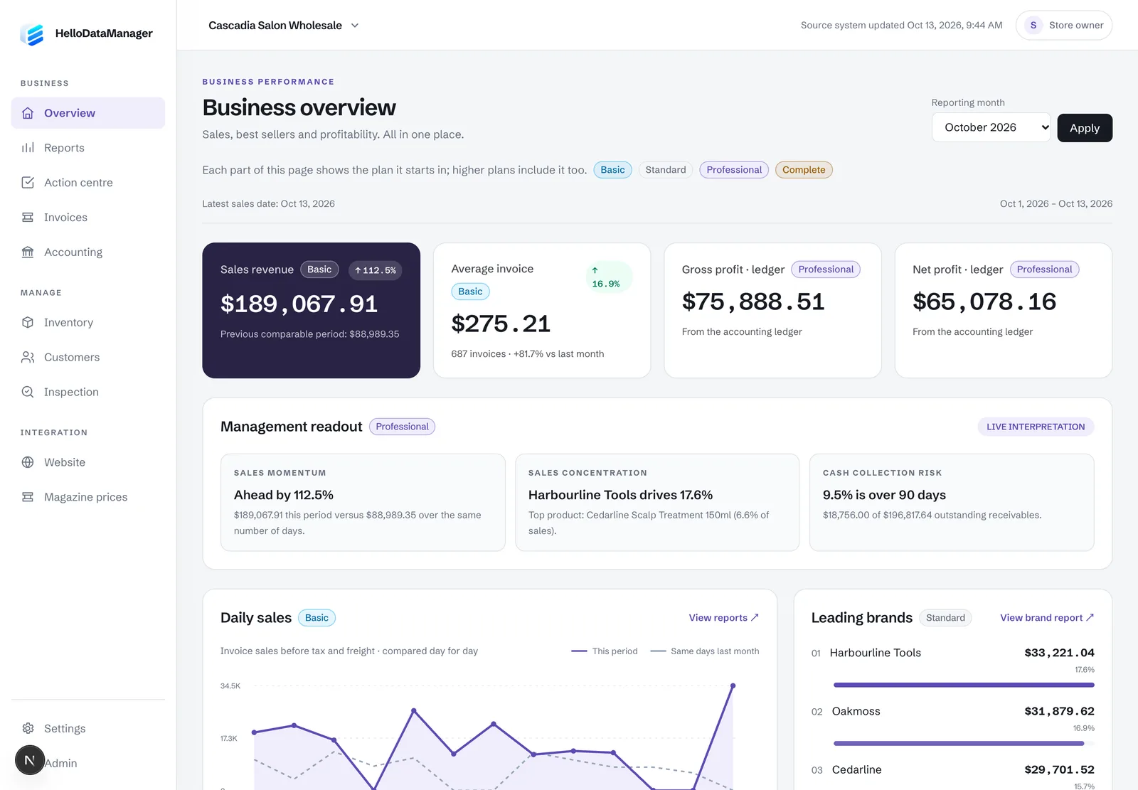 HelloDataManager business overview for a sample beauty-supply company: sales revenue, average invoice, gross and net profit, a management readout, a daily sales chart and leading brands.