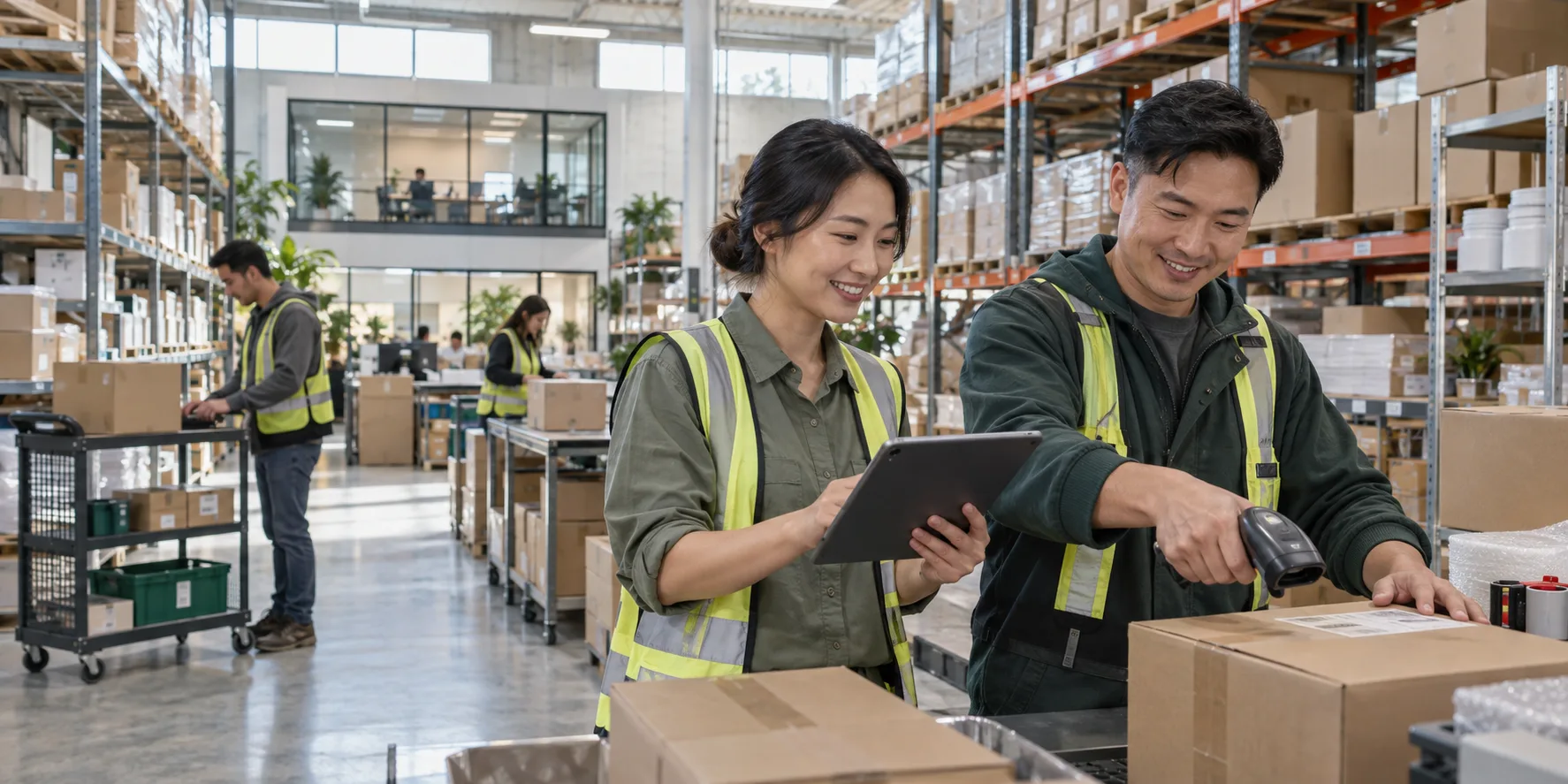 Warehouse staff scan a delivery while stock records update.