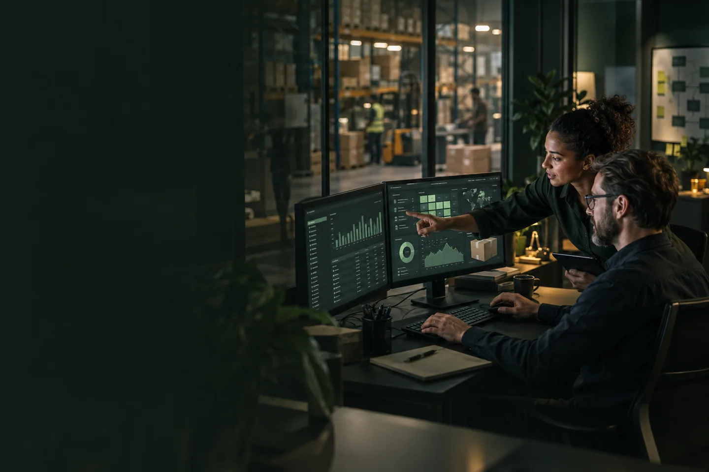 Two operations professionals review connected order, inventory and business data beside an active warehouse.